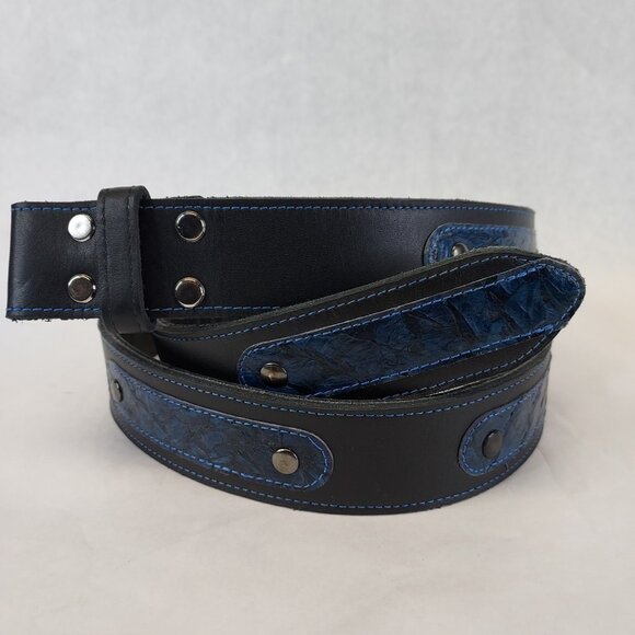Canadian Custom Leather Western Belt Sz 40 Black Blue Screw Rivet Buckle Loop - Picture 1 of 15